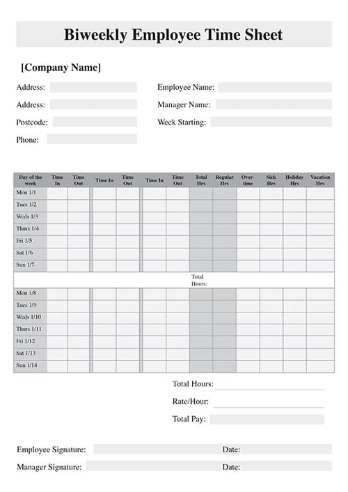 A4 NCR Bi Weekly Time Sheet