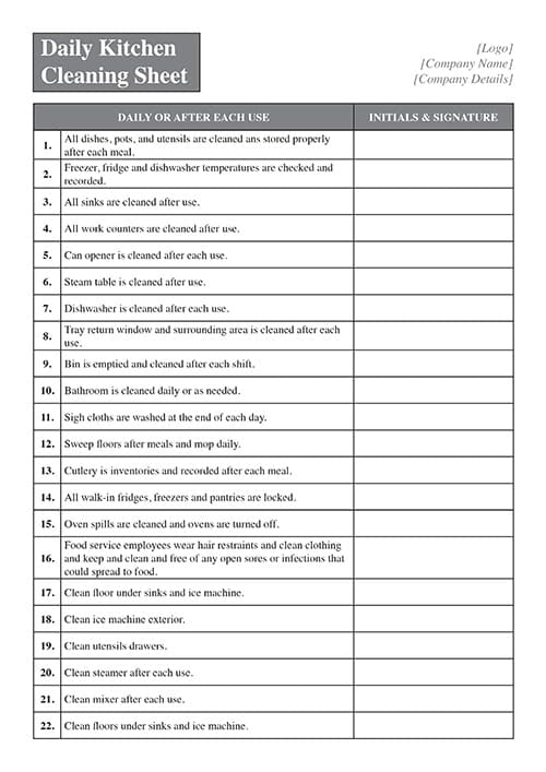 A4 NCR Cleaning Form 4 Daily Kitchen Checklist