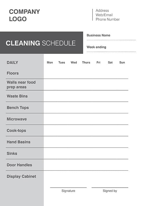 A4 NCR Cleaning Form 7 Weekly Schedule