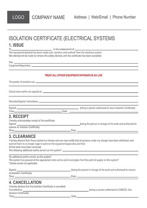 A4 NCR Electrical Isolation Certificate 1